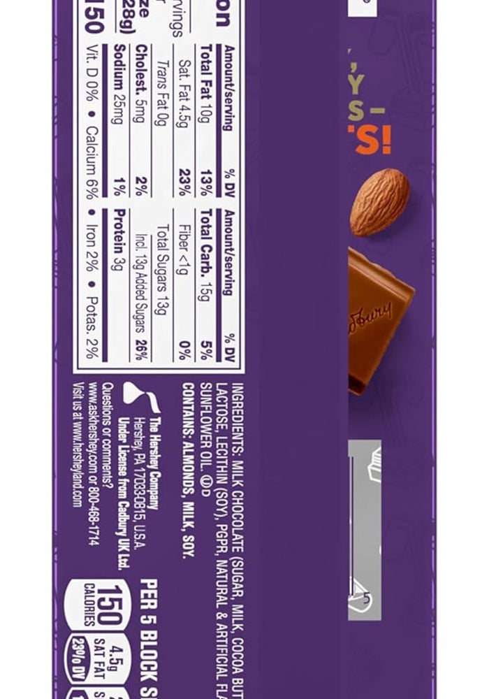 Cadbury شوكولاتة كادبوري دايري ميلك بالحليب مع اللوز المحمص، 3.5 أونصة (14 قطعة) - Image 2